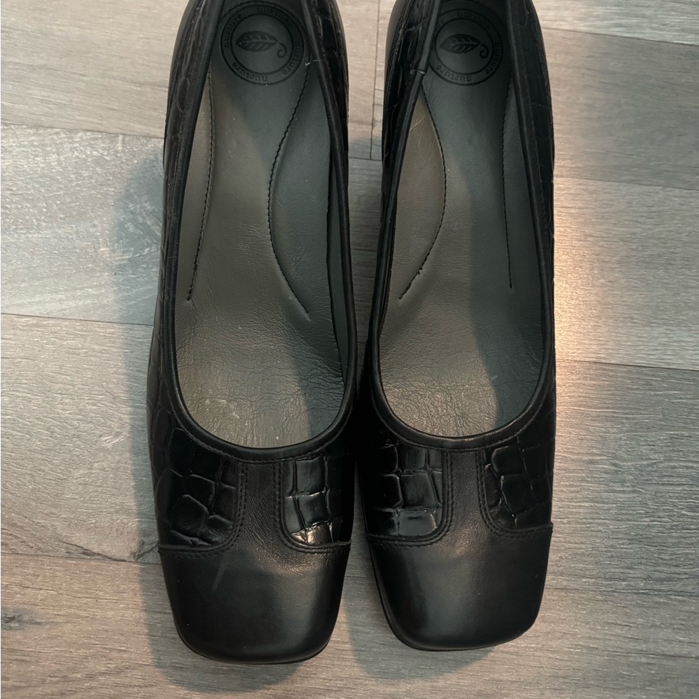 Square Toe Black Leather Heels